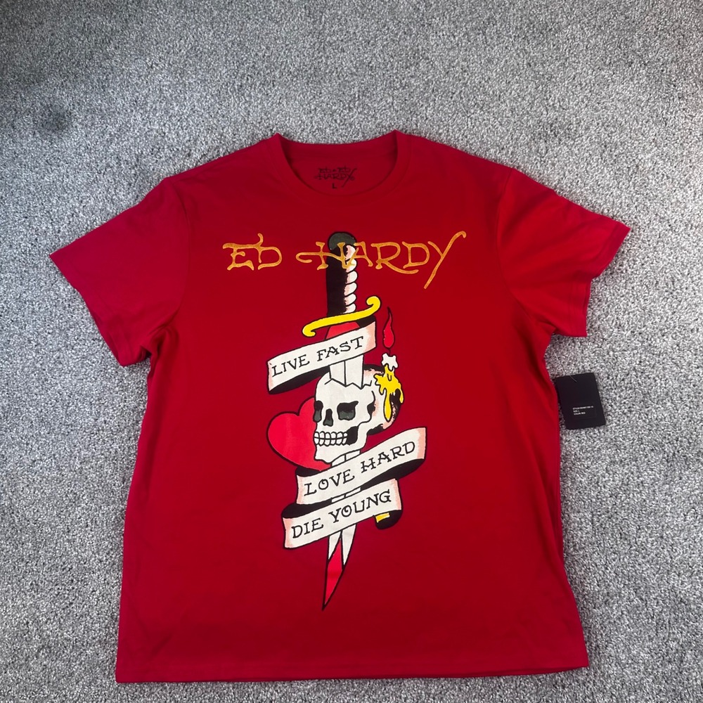 Ed Hardy Shirt Mens Large Red Live Fast Love Hard Die Young Streetwear NEW